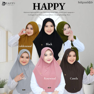 HAPPY Daffi Hijab Instan Bergo Jilbab Best Seller Pad Antem Aksen Mini Logo emas Terbaru