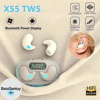Headset Bluetooth X55 TWS Earphone Sleep Invisible dengan Tampilan Daya LED, Chip Bluetooth 5.4, Suara HIFI Bass Santuy, Nyaman untuk Tidur, Earbud Nirkabel Ringan untuk HP Android & iPhone, Headset Bluetooth Terbaru 2026