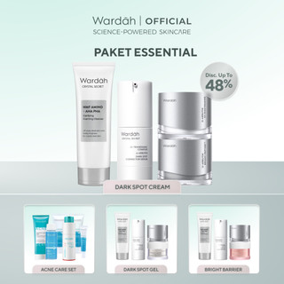 WARDAH Paket Essential - Azeclair Acne Care, Symradiance Niacinamide Brightening, Crystal Secret Dark Spot, Hyaluron Bright Barrier - Serum, Day & Night Moisturizer, Cleanser - Skincare