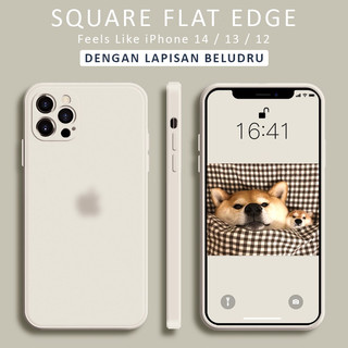 gmh Square Flat Edge Soft Case iP iPhone 7 8 Plus X XR XS 11 12 13 Pro Max SE 2020 Casing Silikon Flat Side mirip iPhone 14 Matte Lens Cover dengan Lapisan Kain Beludru dan Logo (Page Antique White)