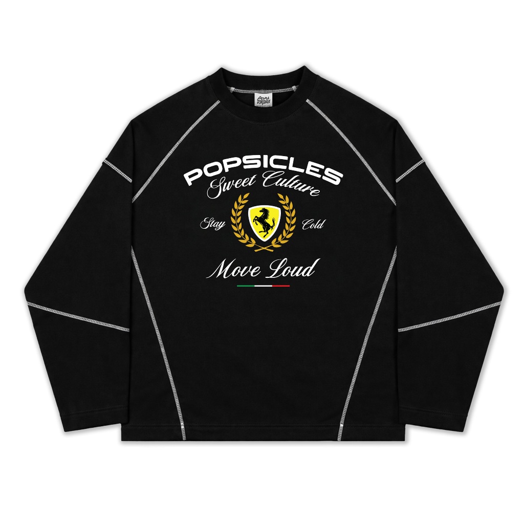 Popsicles Longsleeves Boxy Long Sleeve Stitching line Bogata Black - สีขาว - เสื้อยืด Boxy Crop Longsleeves