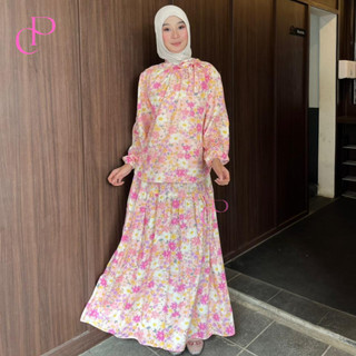CLASICPUTRI One Set Rok Panjang Wanita Motif Bunga / Setelan Muslimah Floral / Atasan Lengan Panjang Rib & Skirt - Premium Flowers Set