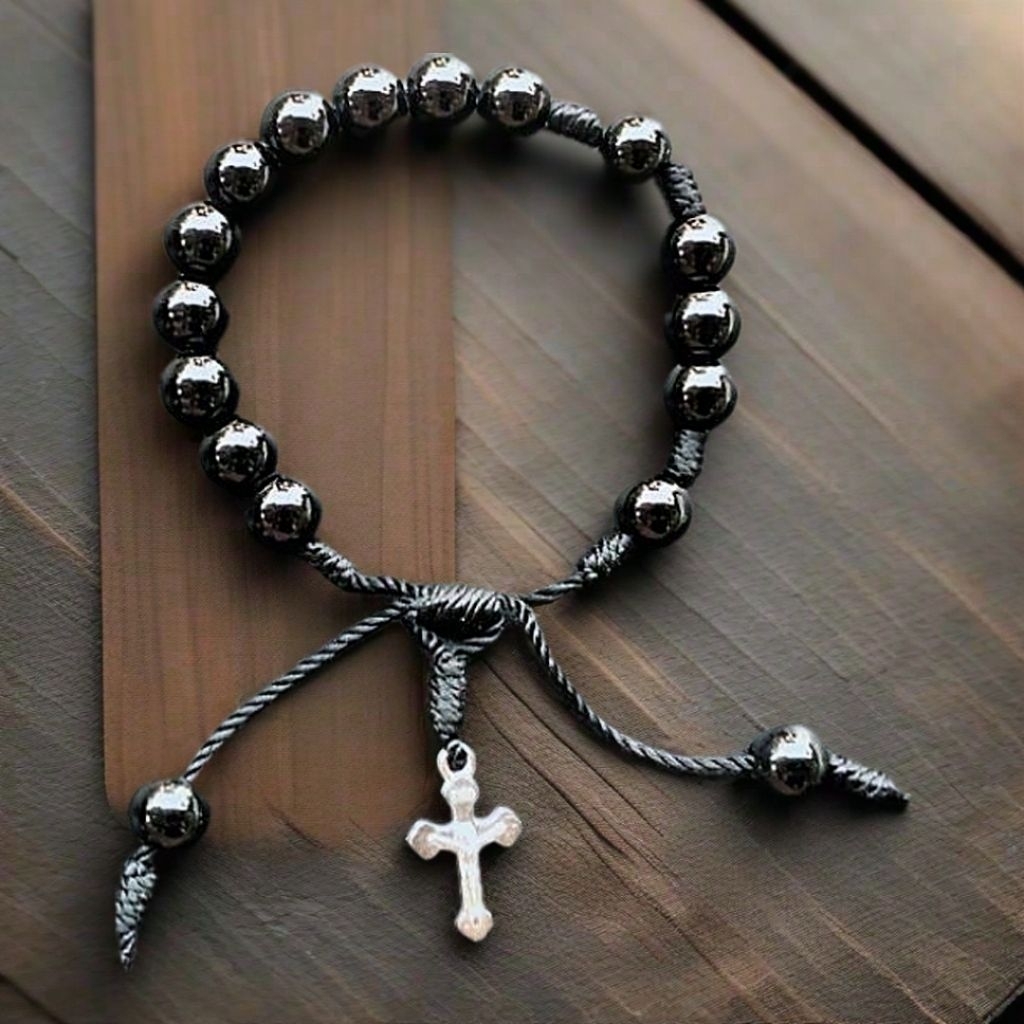 G42 ROSARY BRACELET CATHOLIC CROSS BRACELET BLACK HEAVY PEARL