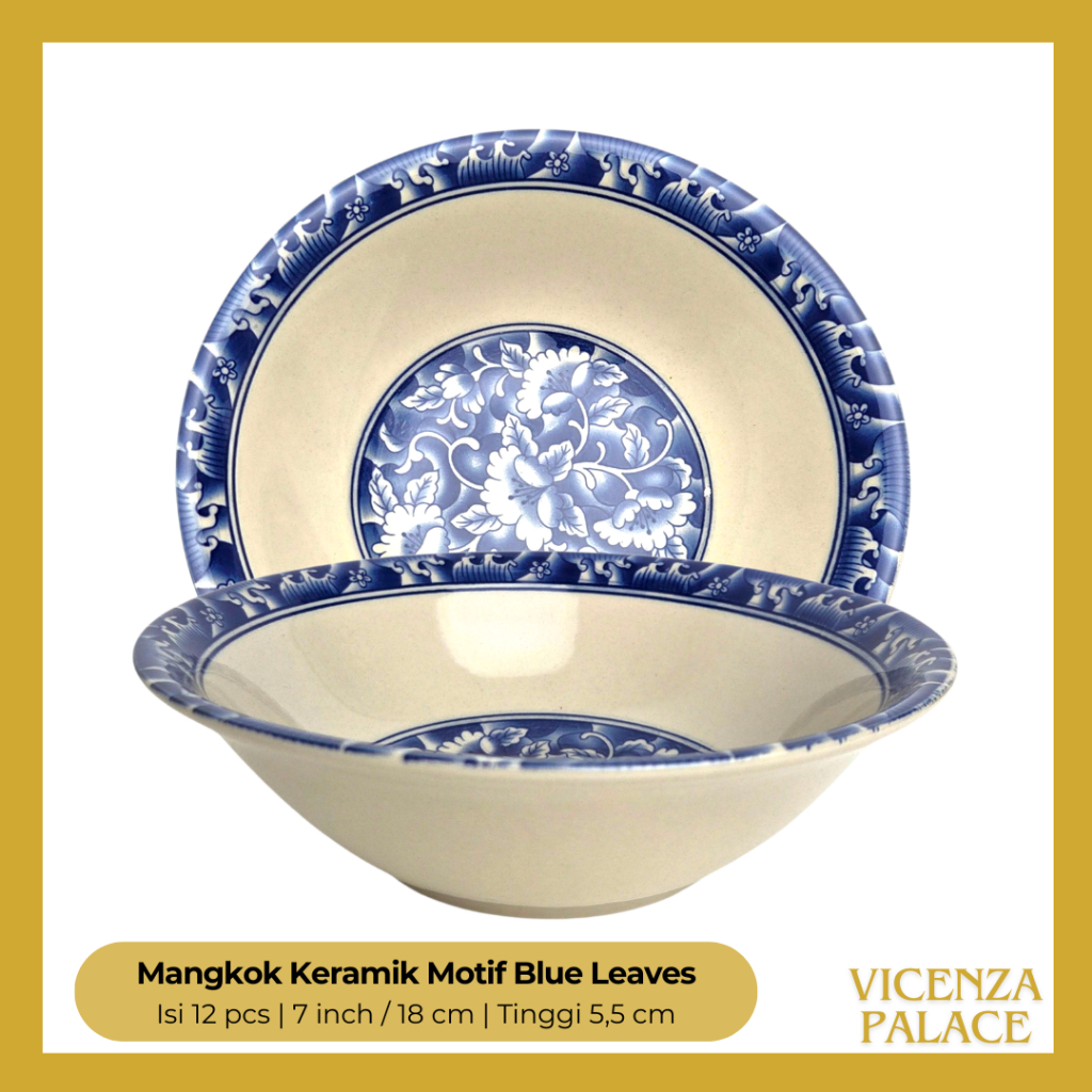 ชามก๋วยเตี๋ยว - Aesthetic Lucky Ceramic Bowl Omega Moon Series Persimon Blue Leaves motif 7 นิ้ว