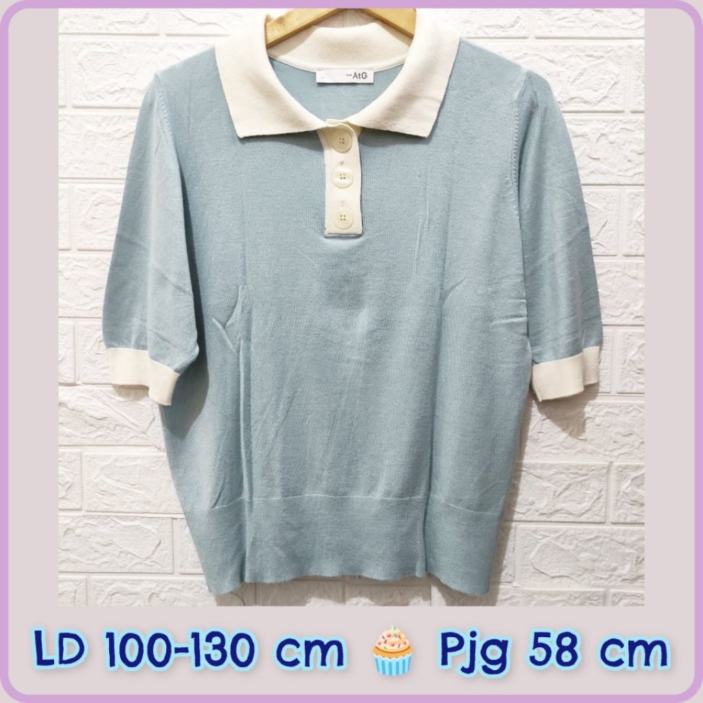 ATG - เสื้อถักคอปกสีน้ําเงินขลิบสีขาว bw