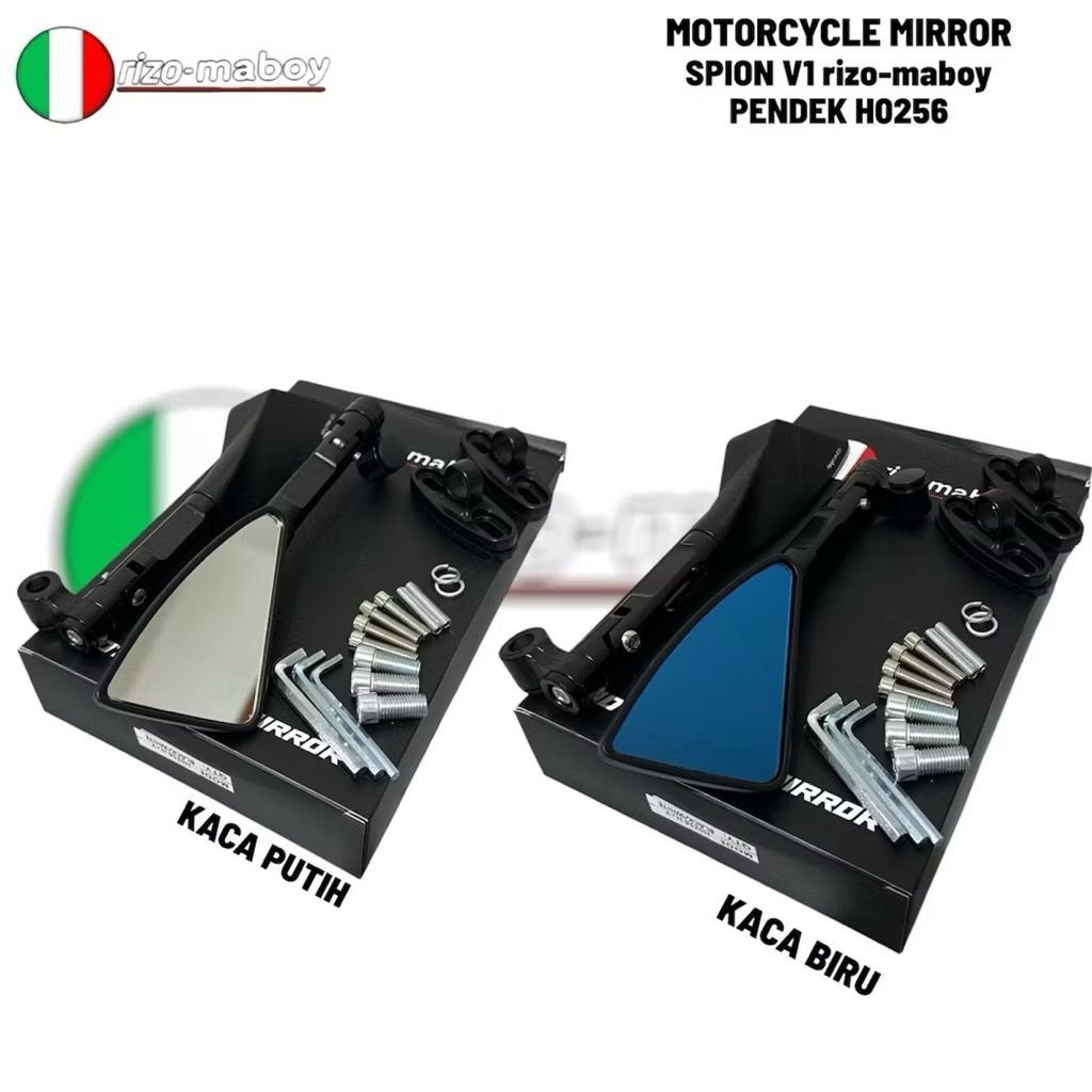 RIZO-MABOY V1 TRIANGLE รุ่น FULL CNC กระจกสีขาวและกระจกสีฟ้า UNIVERSAL สําหรับรถจักรยานยนต์ทั้งหมด