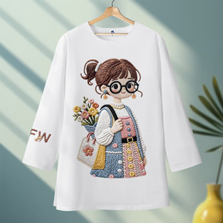Louis STOR COLECTION Kaos Oversize Lengan 7/8 Motif Printing Gadis Kacamata Bahan Cotton
