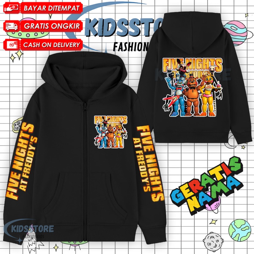 CHILDRENS ZIPPER HOODIE WITH FIVE AT NIGHT FREDDY MOTIF Viral Cute / CHILDRENS ZIPPER JACKET FIVE AT