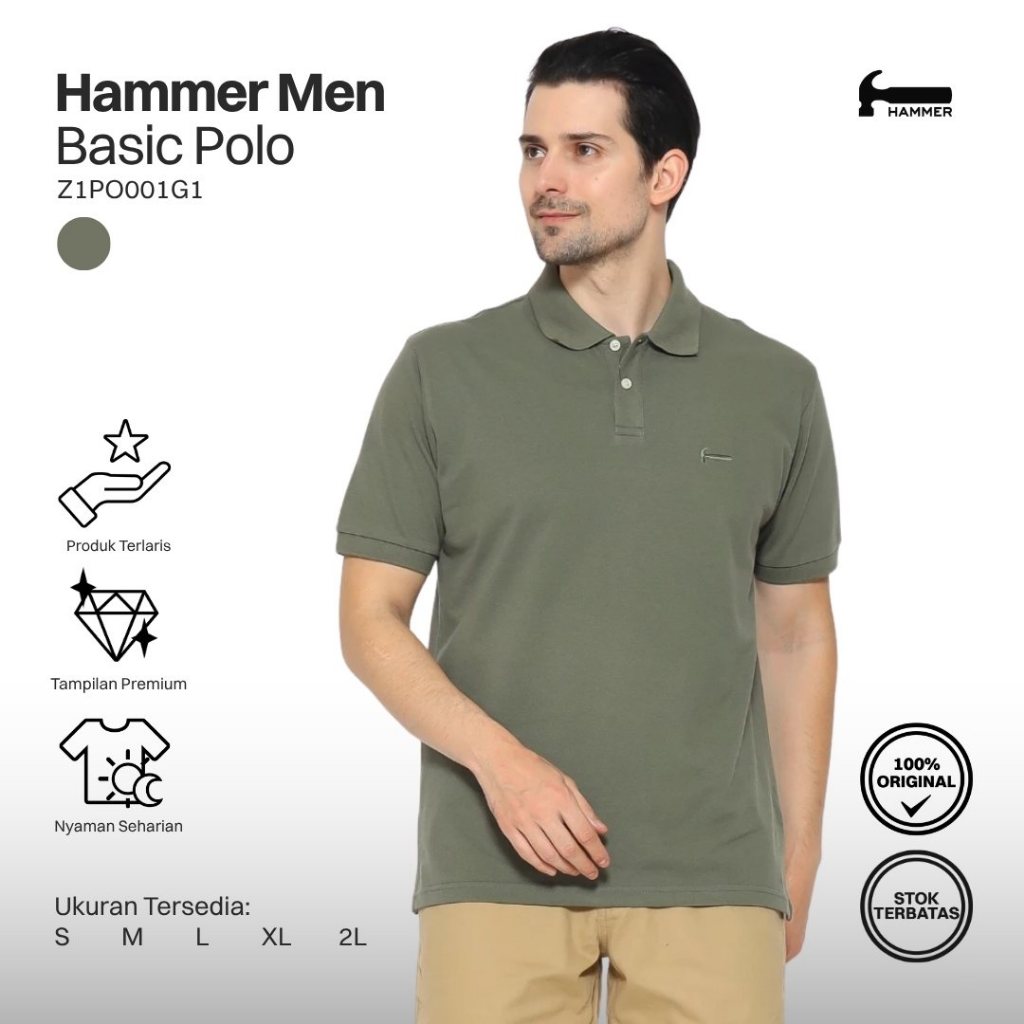 HIJAU Hammer Men Basic Polo | เสื้อยืดคอปกสีเขียวแขนสั้นปกติสําหรับผู้ชาย Z1PO001G1