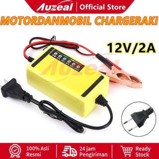 Auzeal Charger Aki Mobil Motor 12V 2A - Power Puls Repair Untuk Battery Basah & Kering - Input 220V Fitur LED Display - Untuk Aki Mobil, Truk, Motor, UPS