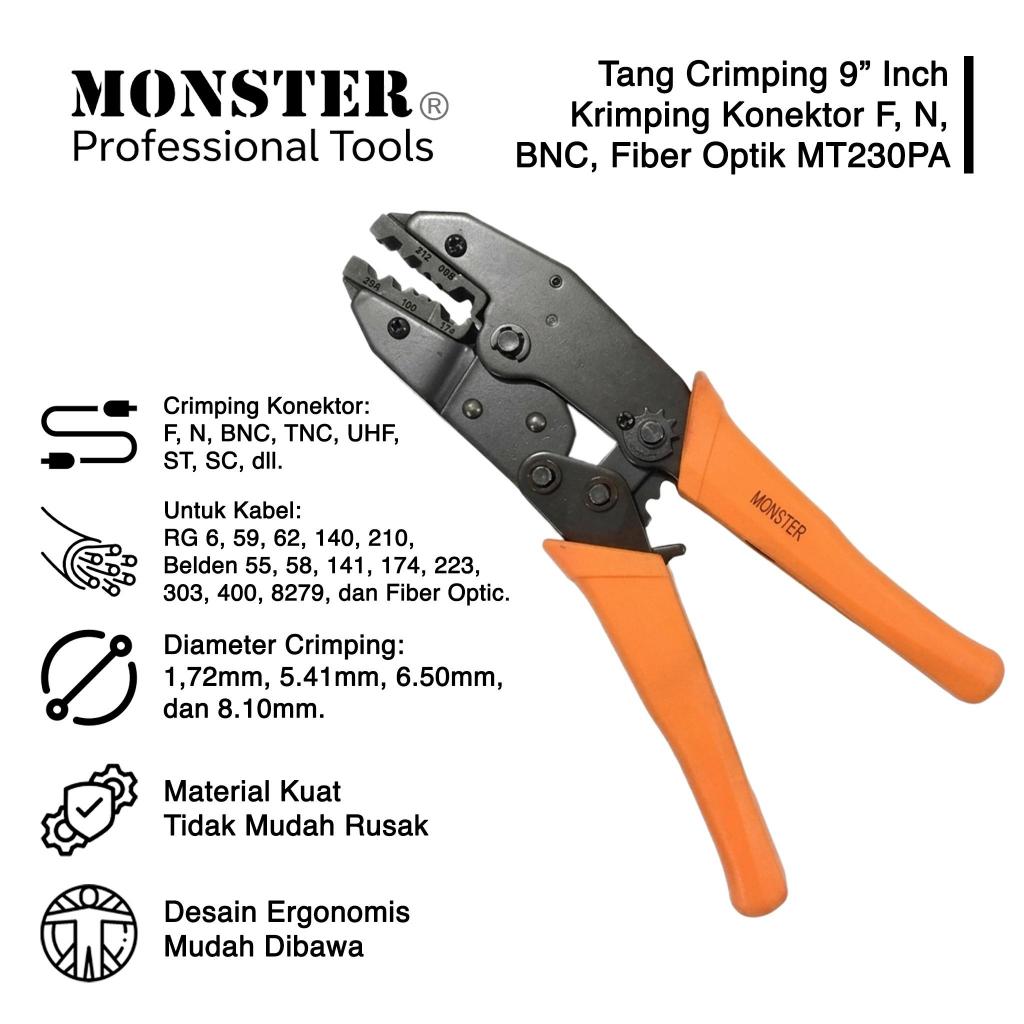 Monster 9 นิ้ว MT-230PA Crimping คีมสําหรับ FX BNC ไฟเบอร์ออปติกเหล็กคาร์บอน Ergonomic คุณภาพสูง Con