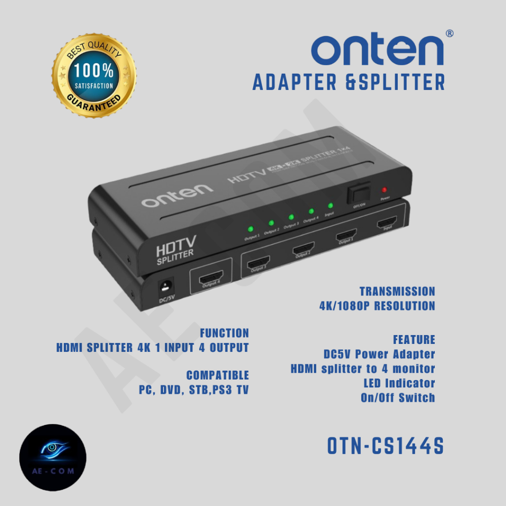 Onten HDMI Splitter 4K 1080P 1 Input 4 Output Multi Device Compabillity OTN-CS144S