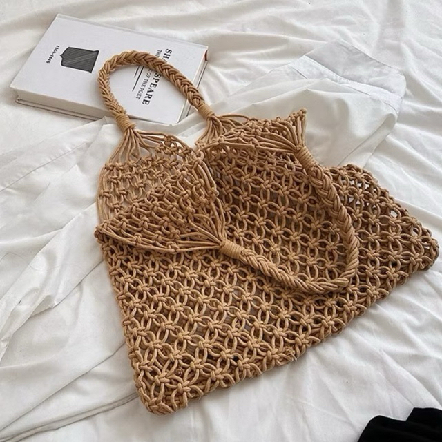 Zoey Wooden Handle Ropeทอ Bag - กระเป๋าชายหาดฤดูร้อนตาข่าย กระเป๋าตาข่ายถัก