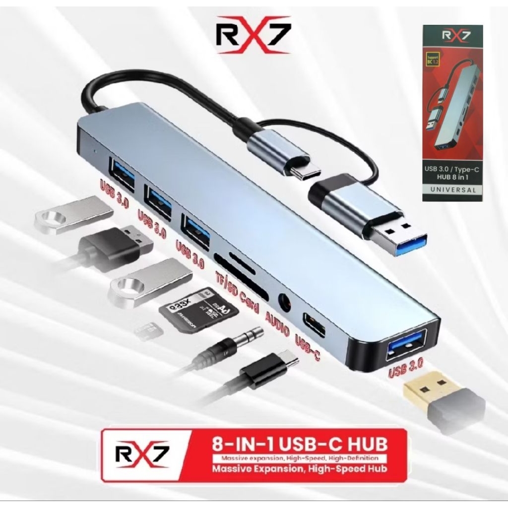 USB HUB TYPE C CONVERTER 8 in 1 USB Hub 3.0 8in1 Type C ถึง USB 4+Sd+TF Card
เครื่องอ่าน+3.5มม. RX7
