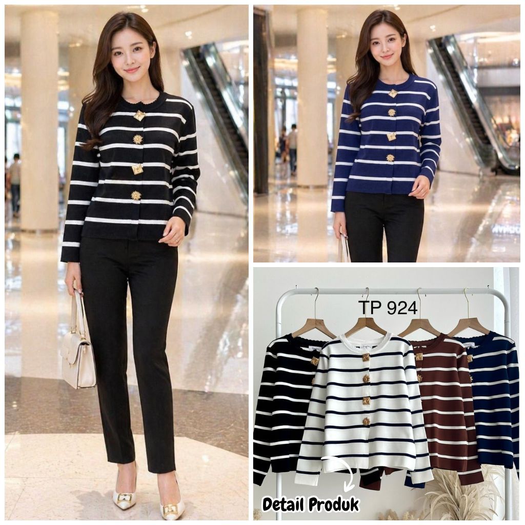 HAPPY SHOP - ผู้หญิง STRIPE CARDIGAN TOP TP924 924 KNIT GOLD CLIP BUTTON PREMIUM LATEST FASHIONABLE