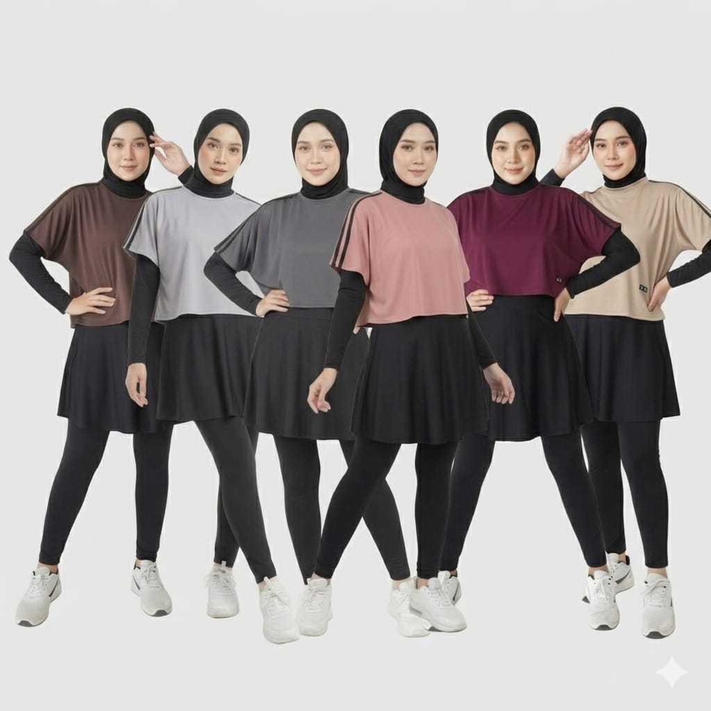 มุสลิมชุดกีฬาผู้หญิง 3 ใน 1 Crop Vest Leggings กระโปรง Cuff OUTFIT กีฬายิมนาสติก Zumba Yogga Jogging