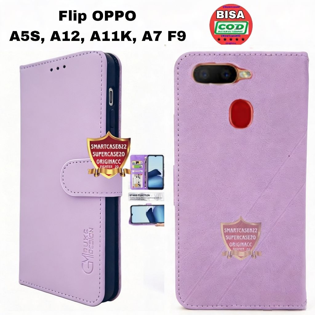 UNGU Flip Casing OPPO A5S A12 A11K A7 F9 F9 PRO Case Leather Wallet Macaron Pink Purple Standing Hp