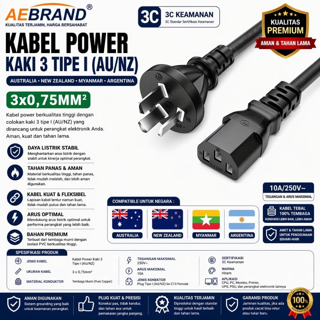 AEBRAND สายไฟ 3 ขา ประเภท I AUSTRALIA NEWZELAND MAYANMAR CHINA MAYANMAR - CABLE POWER AUSTRALIA AU N