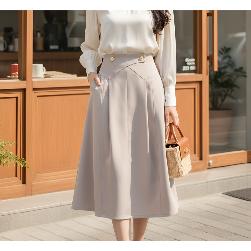 [COTTON BELLS] กระโปรง Jiyeon - กระโปรง Midi หรูหราระดับพรีเมียมสําหรับผู้หญิงเอวสูงสไตล์เกาหลี (MB 