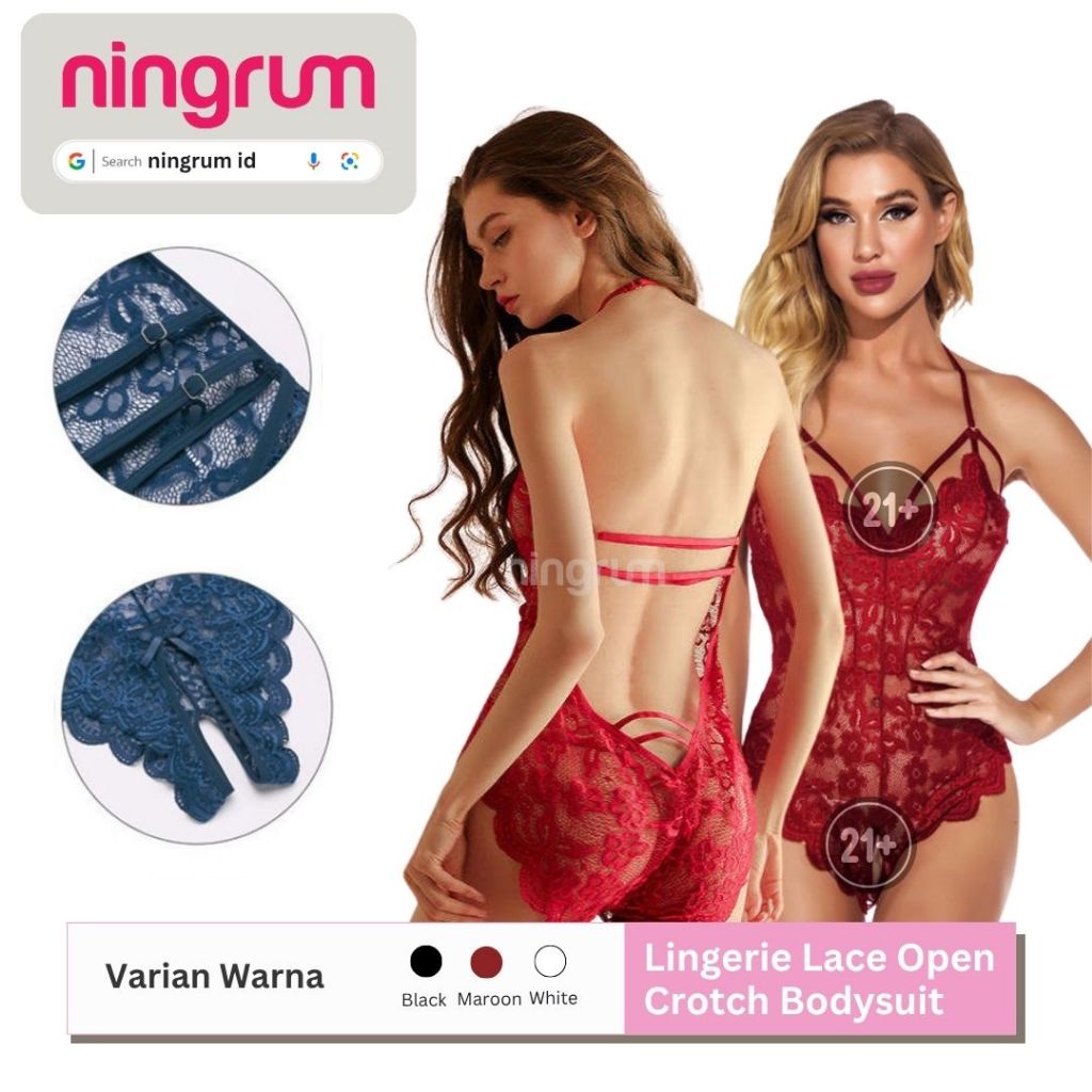 Ningrum - ชุดชั้นในเปิดเป้าสําหรับผู้หญิงสไตล์ใหม่แขวนคอลึก V Temptation ลูกไม้ชุดบอดี้สูทเซ็กซี่ - 
