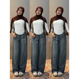 Hass.id Celana Baggy Jeans Wanita Stripe Wide Leg Jeans Salur Blue Vintage Cewek Model Lurus