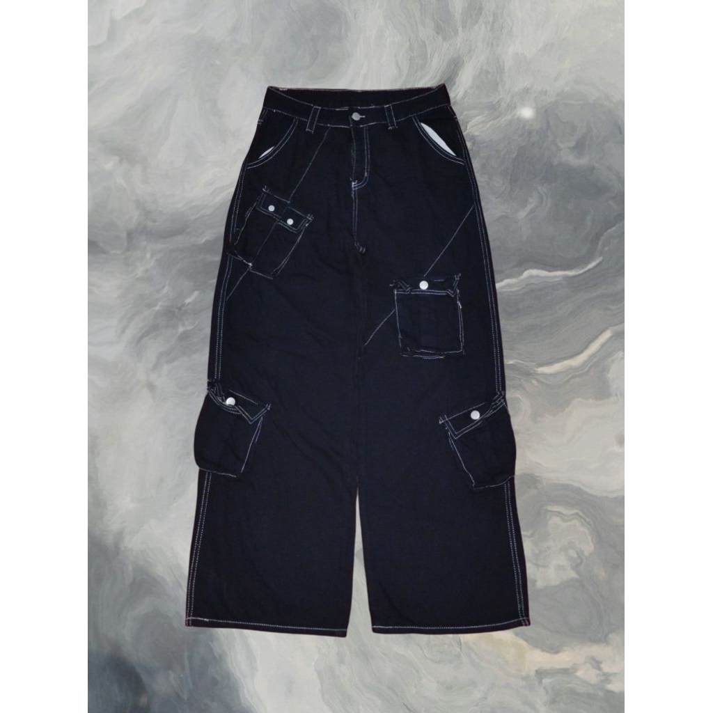 สีดํา Baggy Cargo Multipocket กางเกงยีนส์กางเกง Baggy