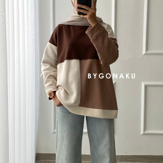 [GONAKU] Becca Combi Sweater Oversized Stripes Bigsize | Sweatshirt Knit | Atasan Wanita Lengan Panjang | Korean Style
