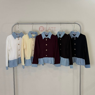 Moana Blouse Two Tone Knit Jeans Atasan Wanita lengan Panjang Peplum Kancing