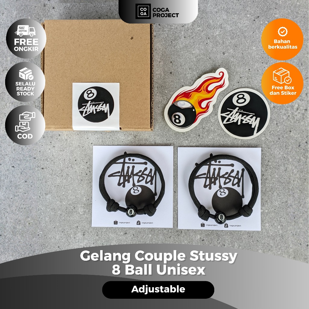 สร้อยข้อมือคู่รัก Stussy 8 Ball Free Box and Adjustable Unisex Bracelet Sticker