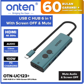 Onten USB Type C HUB 6 IN 1 พร้อมหน้าจอ OFF & Mute เข้ากันได้กับ Mac OS Windows 4K 30Hz ความละเอียด 