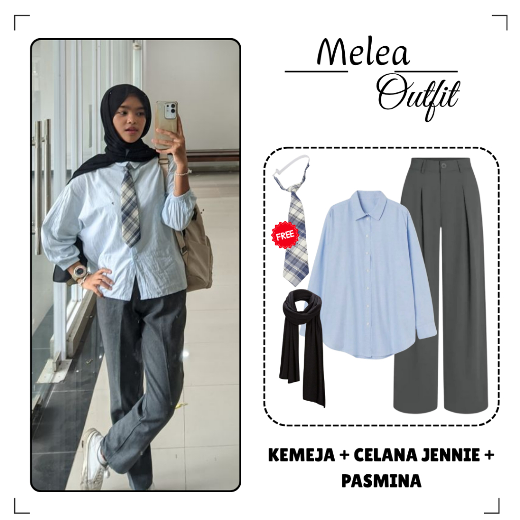 KEMEJA American School Outfit Set (เสื้อ + กางเกงเจนนี่ + Pasmina + ฟรี Tie Yearbook สบายอินเทรนด์ O