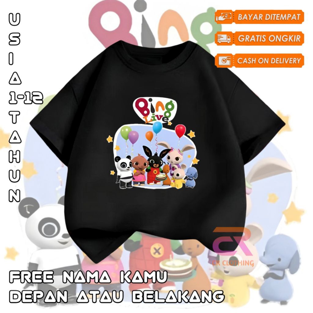 Bing Bunny Kids T-Shirt with Cute Black Rabbit Bing Motif ฟรีชื่อที่กําหนดเอง
