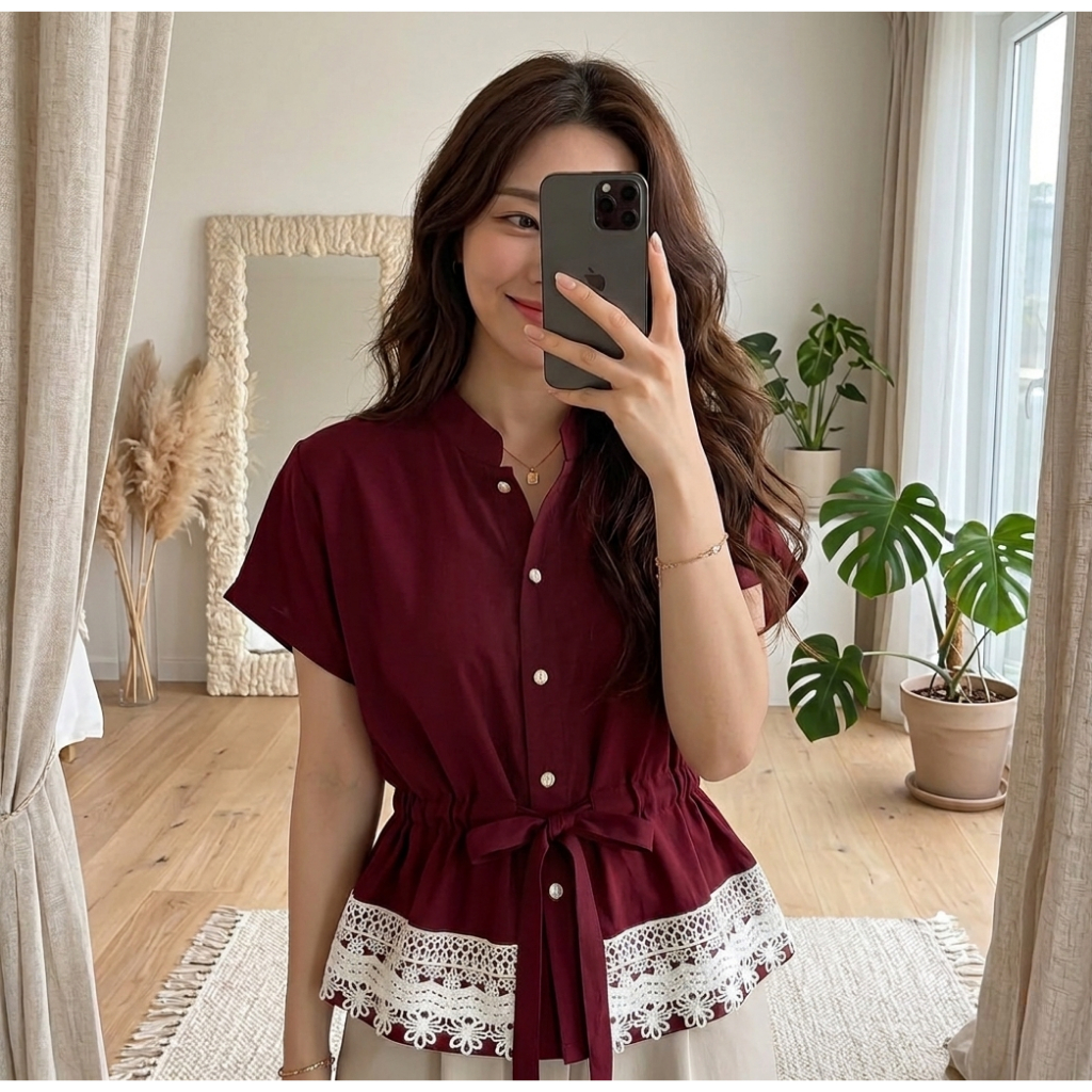 [COTTONBELLS] Micha Top - เสื้อเบลาส์ทํางานลูกไม้พรีเมี่ยมผู้หญิงเกาหลีหรูหรา (CV - BL 108)