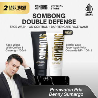 SOMBONG 5-in-1 Double Defense Face Wash - Oil Control Face Wash + Barrier Care Face Wash - Sabun Cuci Muka Pria Untuk Memperbaiki Skin Barrier dan Mencerahkan Kulit - Ceremide NP, Centella Asiatica Extract (Cica), Panthenol (Pro-Vitamin B5),Hydrolyzed Hya
