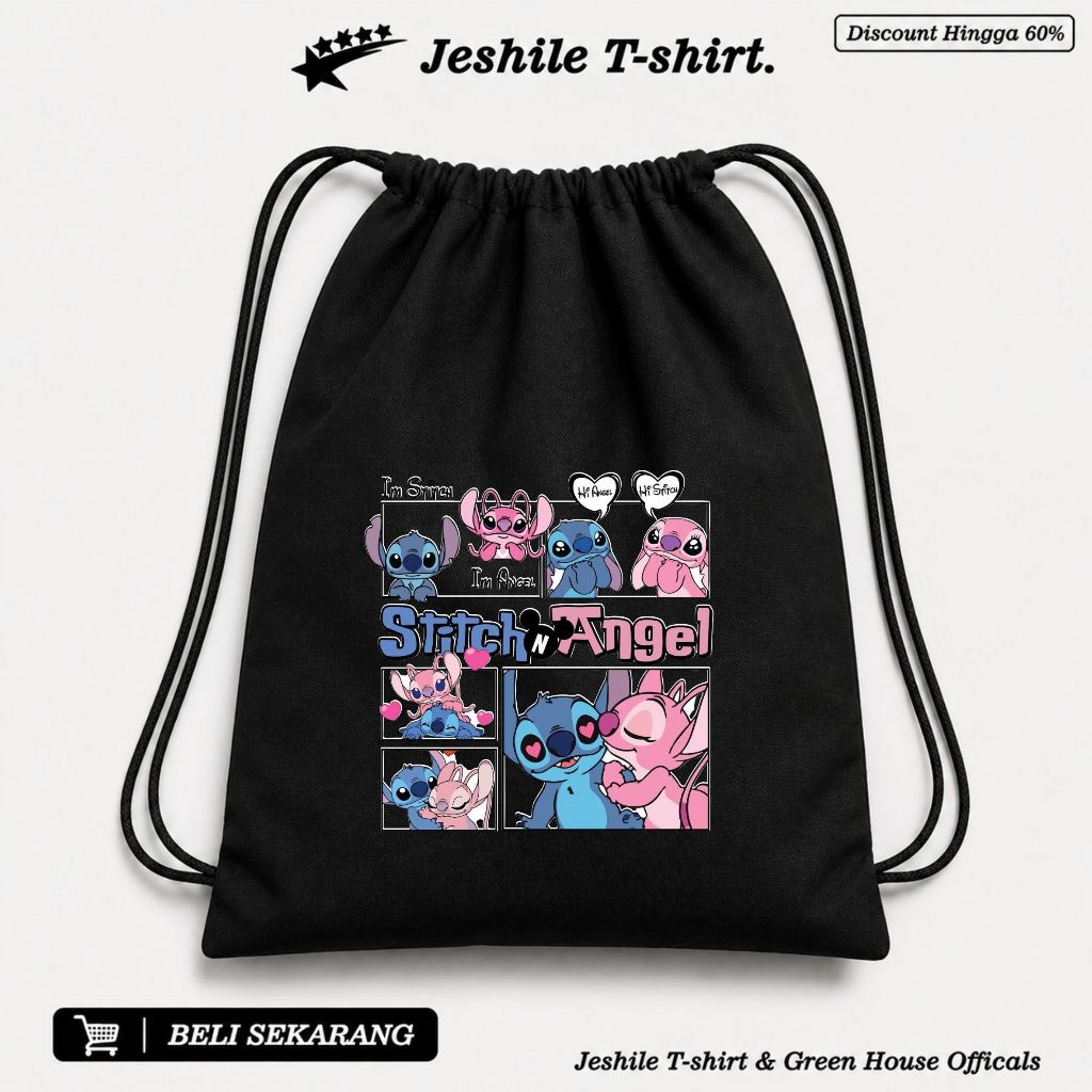กระเป๋าหูรูดสีดําลาย sticth & angel Motif By Jeshile T-Shirt