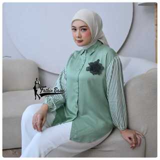 NADHIRA Kemeja Rayon Twill Bordil Kombinasi Salur Blouse Lengan Panjang Model Terbaru 2025 Atasan Wanita Jumbo Terbaru By Fathin Basic ID