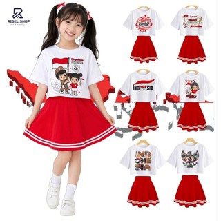 1 Set Setelan Anak Perempuan Edisi Kemerdekaan - Bahan Combed 30s, Elastis, Nyaman Dipakai