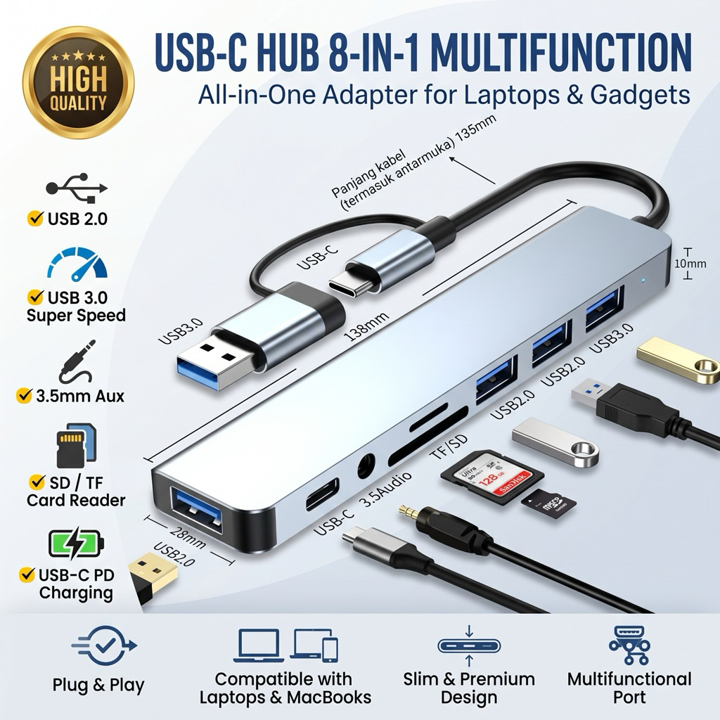 8 IN 1 USB HUB TYPE C USB 4 PORT HUB + SD + TF CARD READER + TYPE C + AUDIO 3.5 TYPE C HUB พร้อม CAR