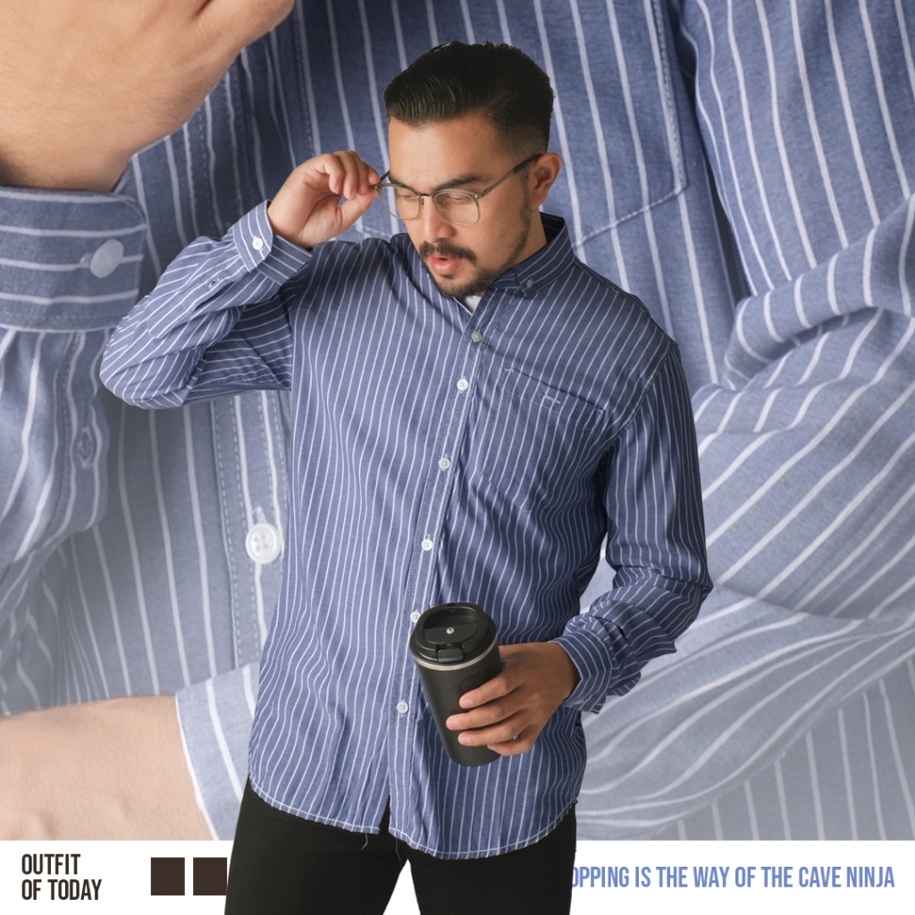 KEMEJA DGM Mens Premium Long Sleeve Striped Shirt Mens Striped Shirt Slimfit Mens Striped White Deni