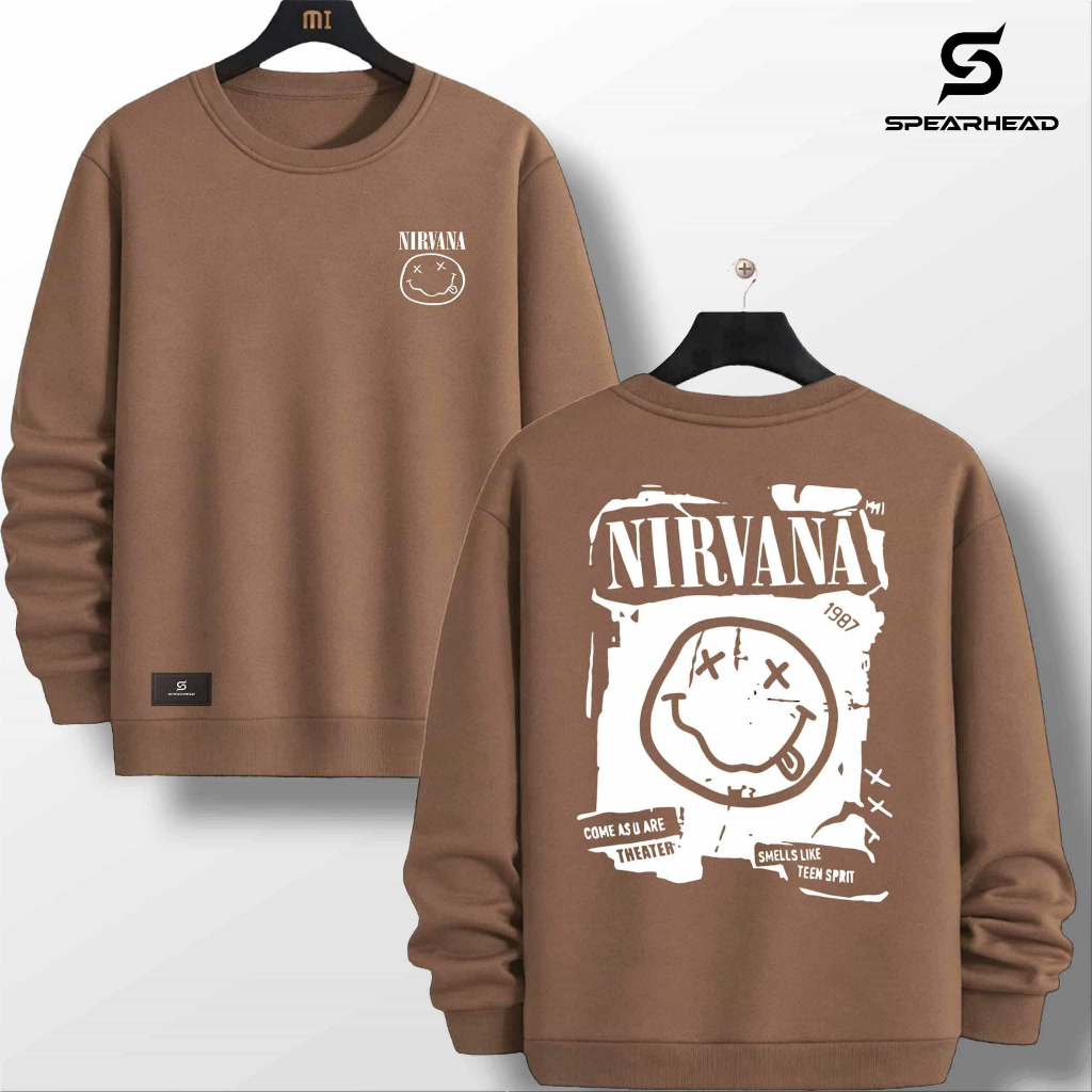 Nirvana Smiley Pattern Brown Crewneck Hoodie เสื้อกันหนาวลําลองแขนยาว Unisex ML XL XXL