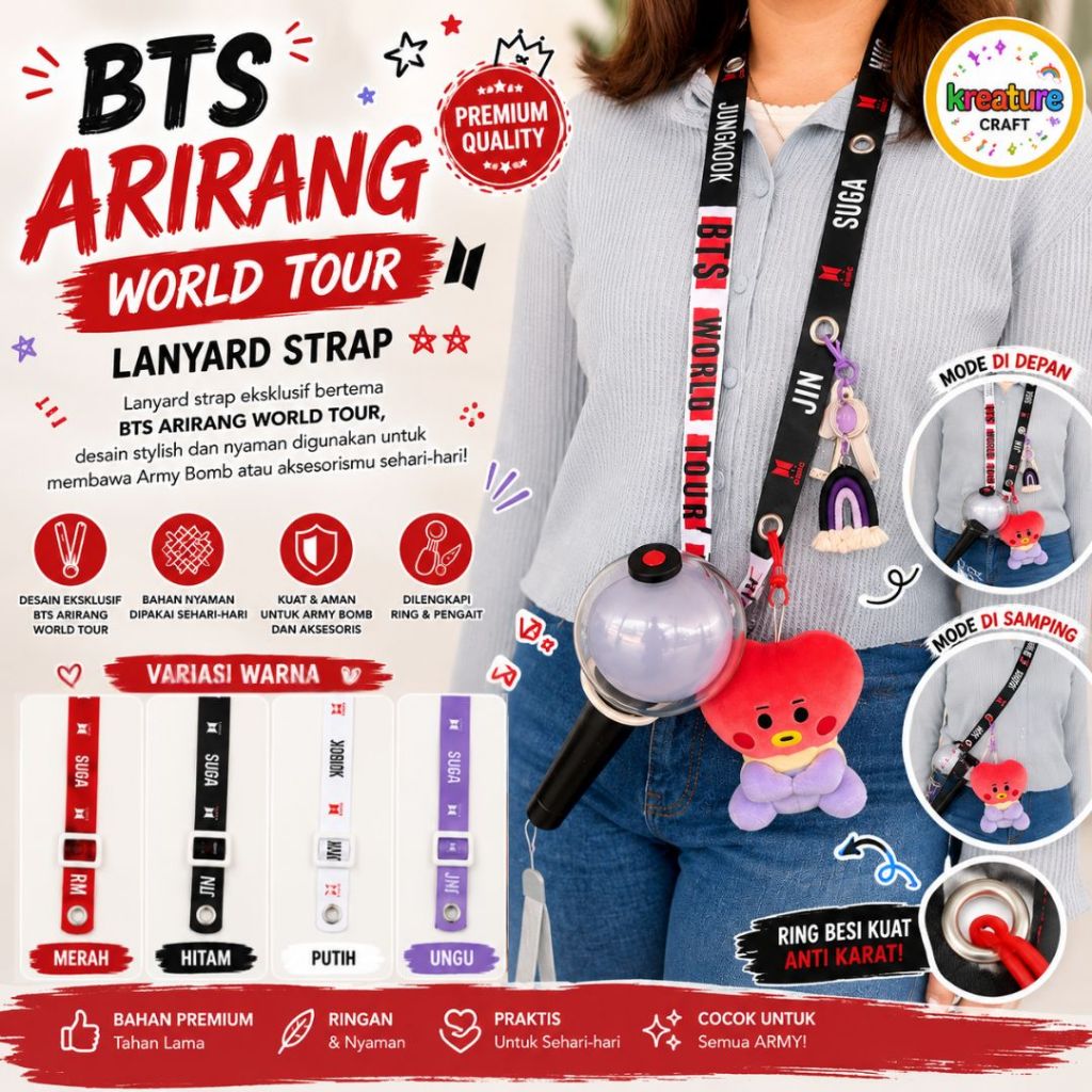 สายรัดเชือกเส้นเล็กระเบิด BTS ARIRANG ARMY – สีเต็ม 2 ด้าน | ปรับได้ 165ซม | เชือกแท่งไฟKpop