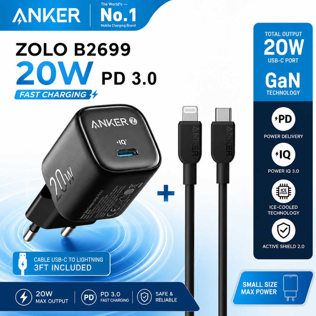 Anker Zolo B2699 Charger 20W PD 3.0 Fast Charging Cas HP Lightning Original