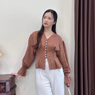 Bora Top / Blouse Wanita Korea / Atasan Kantor Wanita Kasual / Blouse Elegan Korea / Blouse Hijab Friendly / Blouse Lengan Panjang / Atasan Wanita Lengan Panjang / Blouse Long Sleeve / Top Korean Puffy Sleeve / Blouse V Neck / Blouse Hitam Putih
