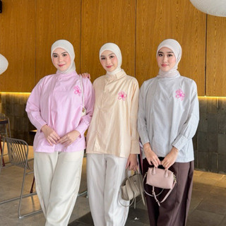 BIGIMO - Blouse Janggan Bordir - Atasan Casual Stripe Garis Wanita - Blouse Wanita dengan Desain Bordir Unik