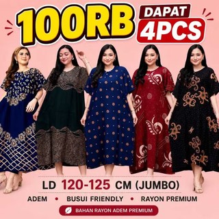 PAKET 100RB Dapat 4PCS Daster Jumbo Busui Rayon Adem, Nyaman Dipakai Seharian