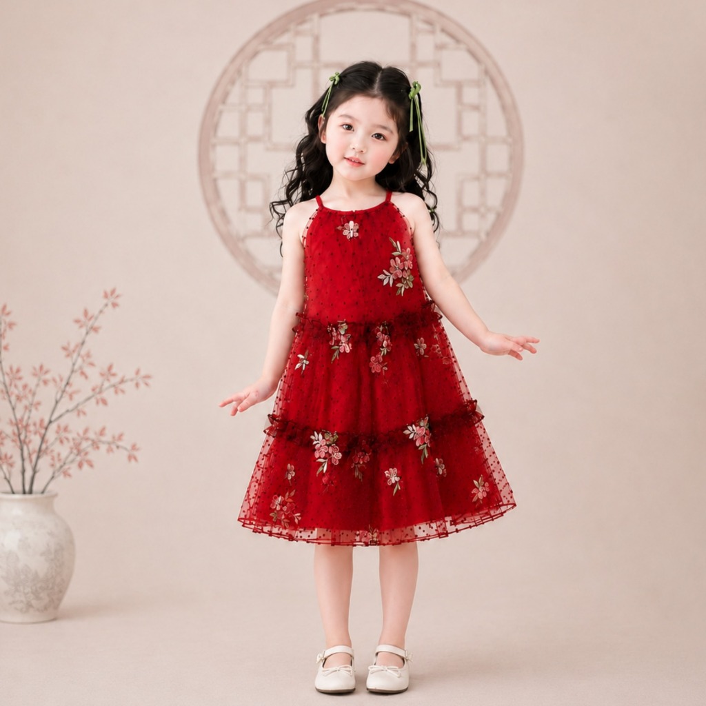 MERAH KATUN [AMBER] 2-8T CNY 2027 ชุดเดรส Clarissa Organza Girls Cotton Layer | เสื้อเด็กสีแดง แม่83