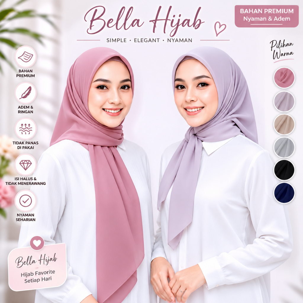 POLLYCOTTON BELLA SQUARE PREMIUM NECI SQUARE HIJAB 4 ด้าน