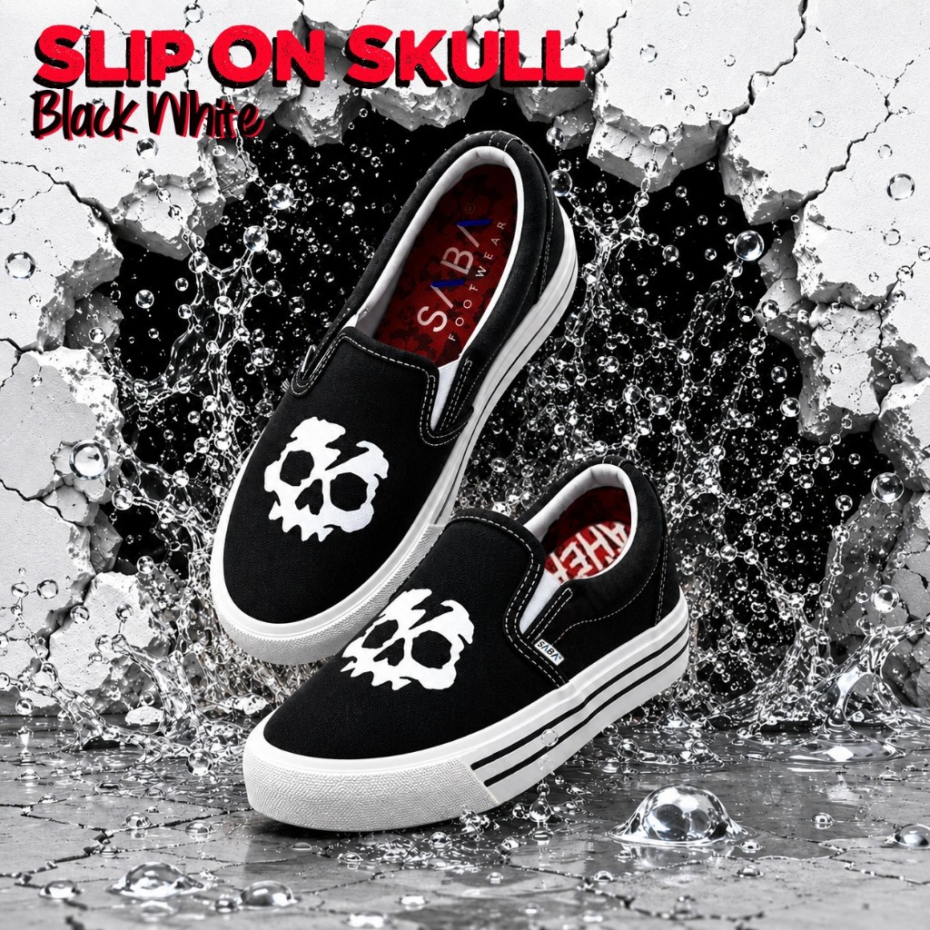 SABA Slip On Skull Black White - รองเท้าผ้าใบลําลองสําหรับบุรุษและสตรี | เรียบง่าย สะดวกสบาย & อินเทรนด์ สค 01