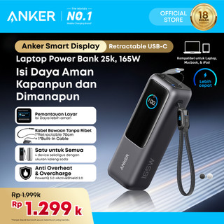 Anker Laptop Power Bank Smart Digital Display Touch 25.000mAh Triple 100W USB-C ports 165W GaN Fast Charging PPS PD 3.0 UFCS Built-in and Retractable Cables iPhone, MacBook, Samsung Steam Deck DJI Flight safe - A1695