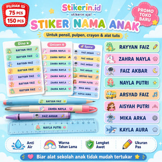 Stikerin Stiker Nama Anak Custom Pensil Pulpen Label Sekolah Waterproof Tema Populer Mix Isi 75 150 PCS